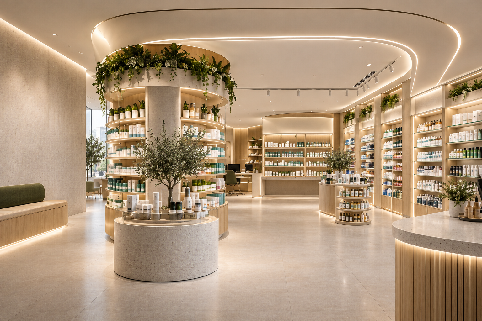 Escena conceptual YTRASD de una farmacia contemporánea