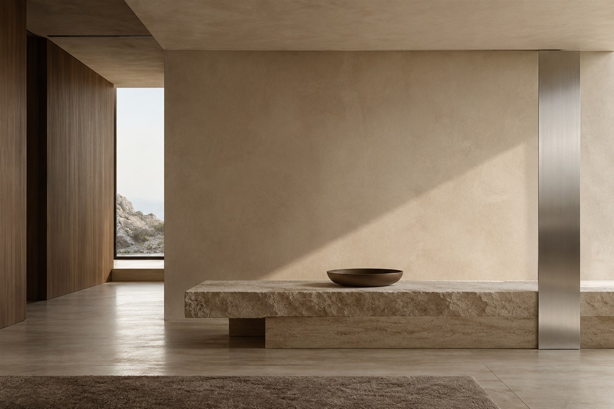 Interior conceptual con piedra, madera y un detalle de aluminio