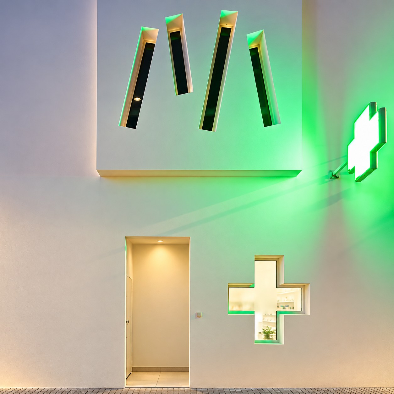 Acceso de mercancías de Farmacia Caparrós y Reina con huecos geométricos e iluminación verde