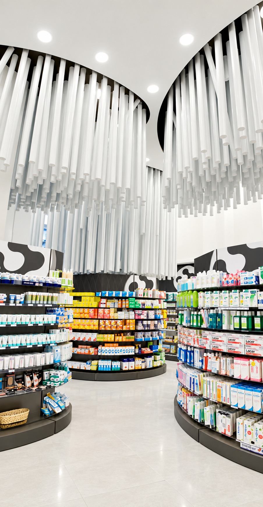Vista vertical del interior de Farmacia Conde Lumiares y sus elementos suspendidos