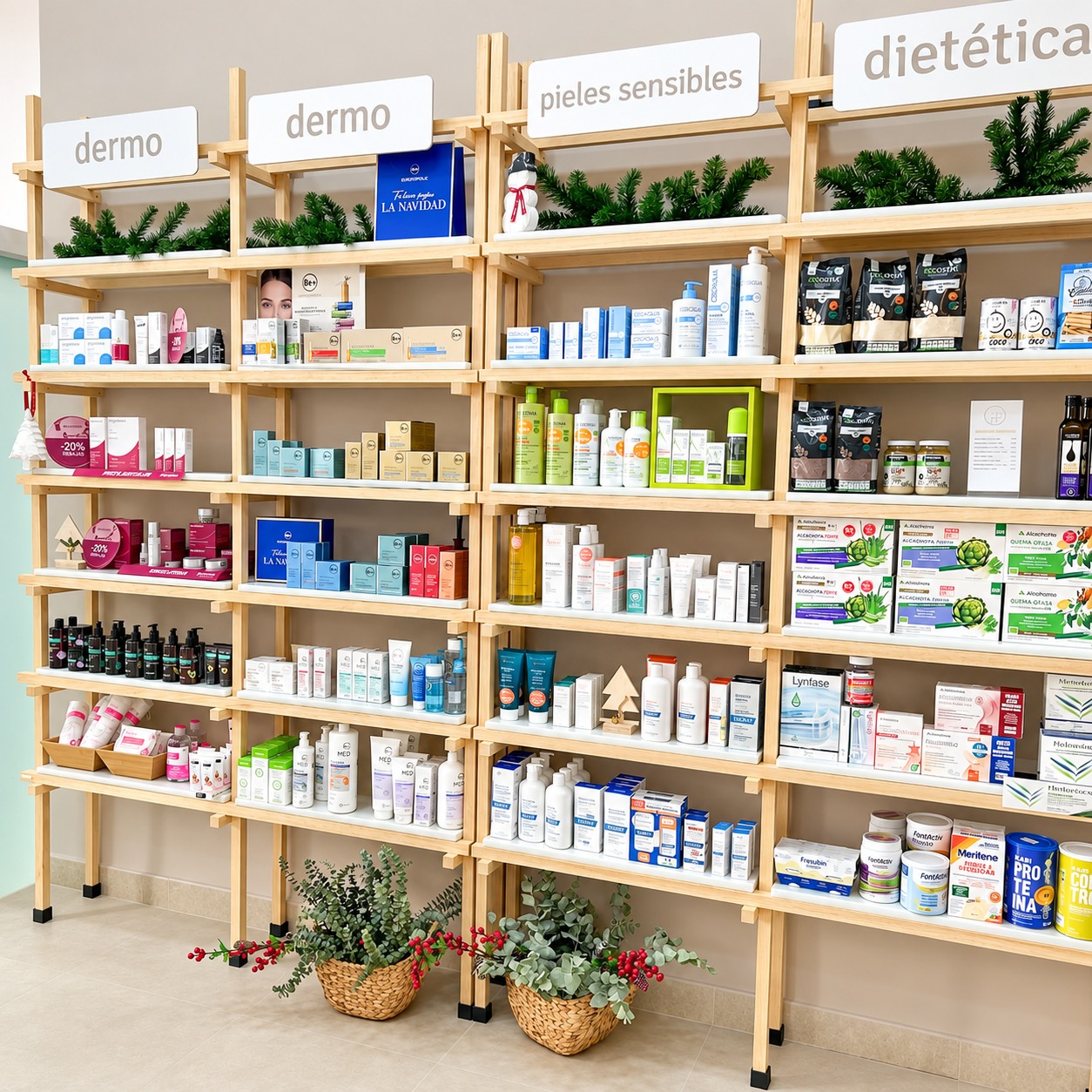 Mobiliario mural de Farmacia La Pedrera con producto, señalética y elementos vegetales