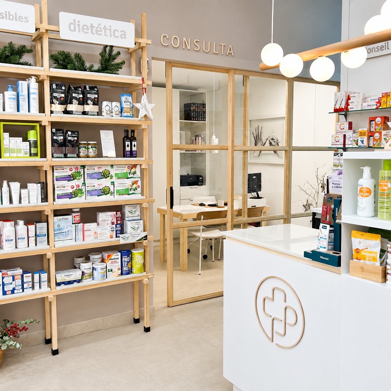 Interior de Farmacia La Pedrera con zona de consulta, mobiliario expositivo y mostrador