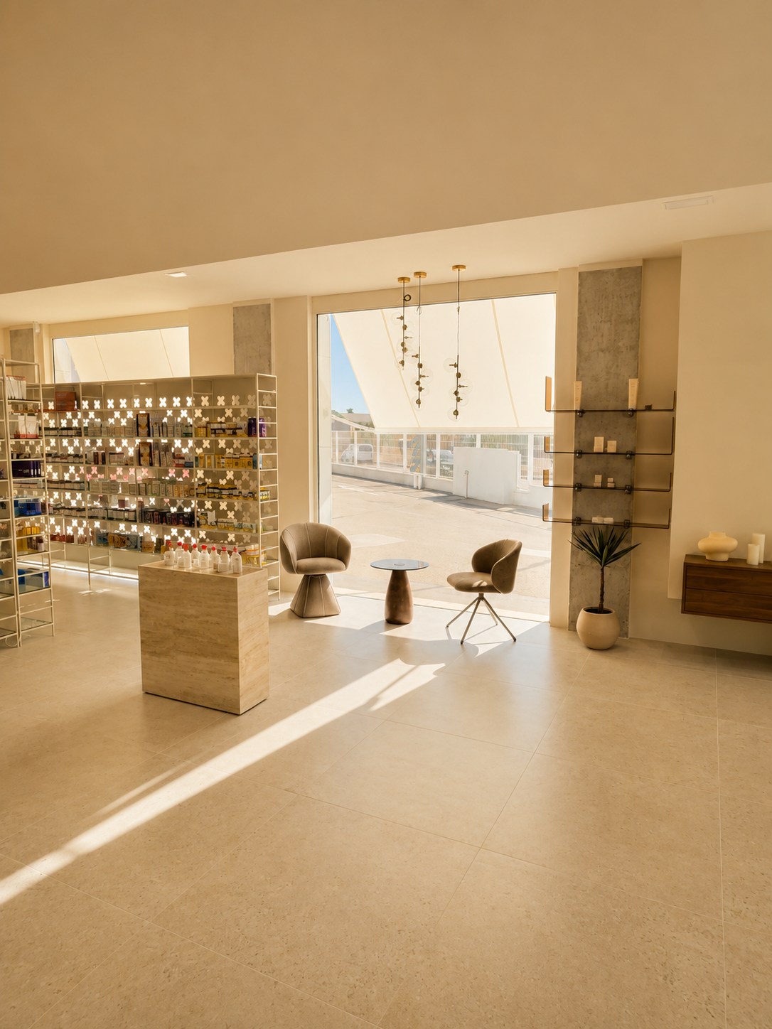 Interior de Farmacia Xenia con zona de espera iluminada por luz natural