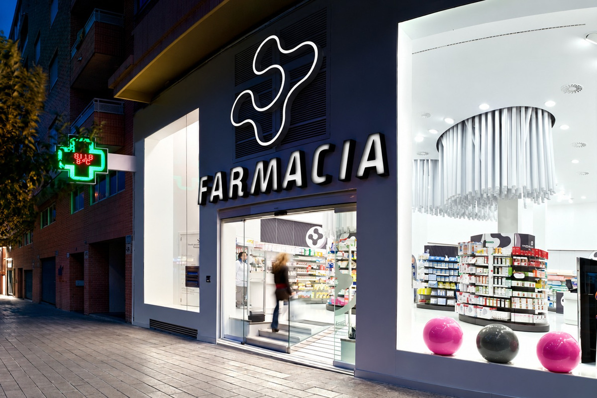 Fachada nocturna de Farmacia Conde Lumiares